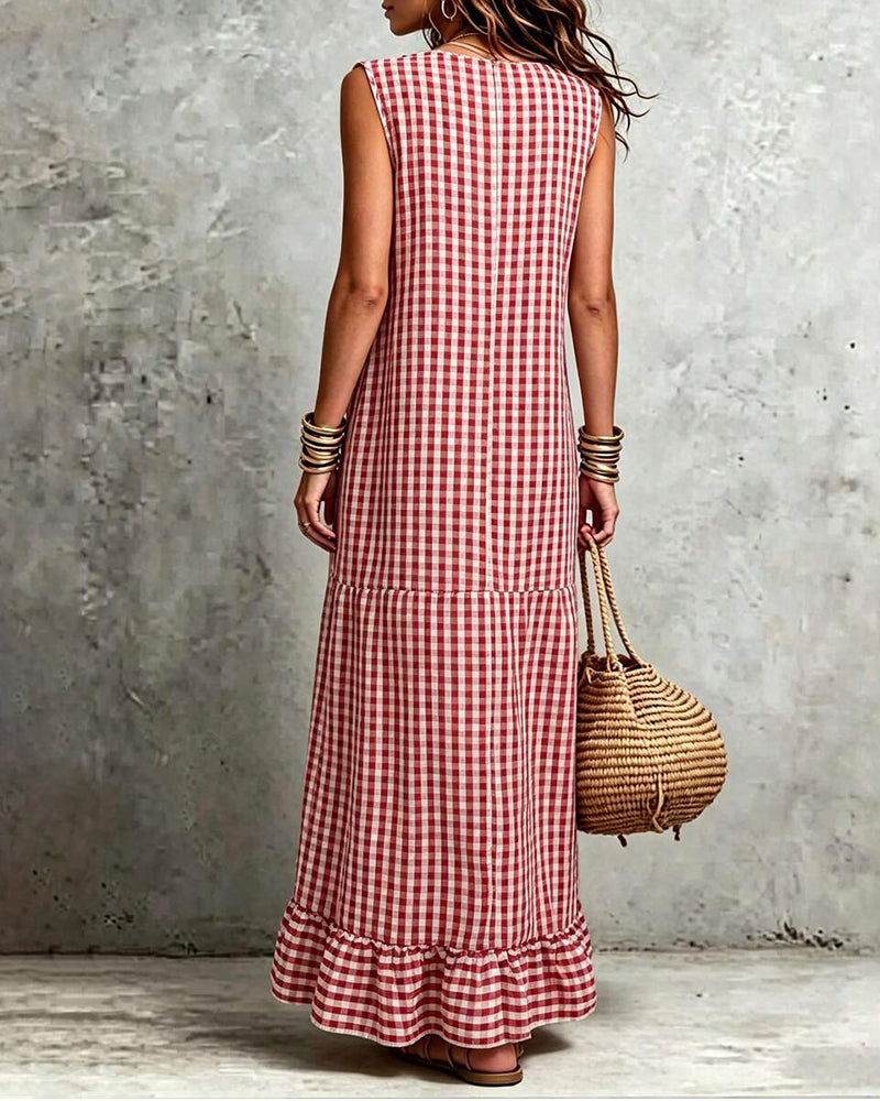 V-Neck Ruffle Plaid Sleeveless Maxi Dress