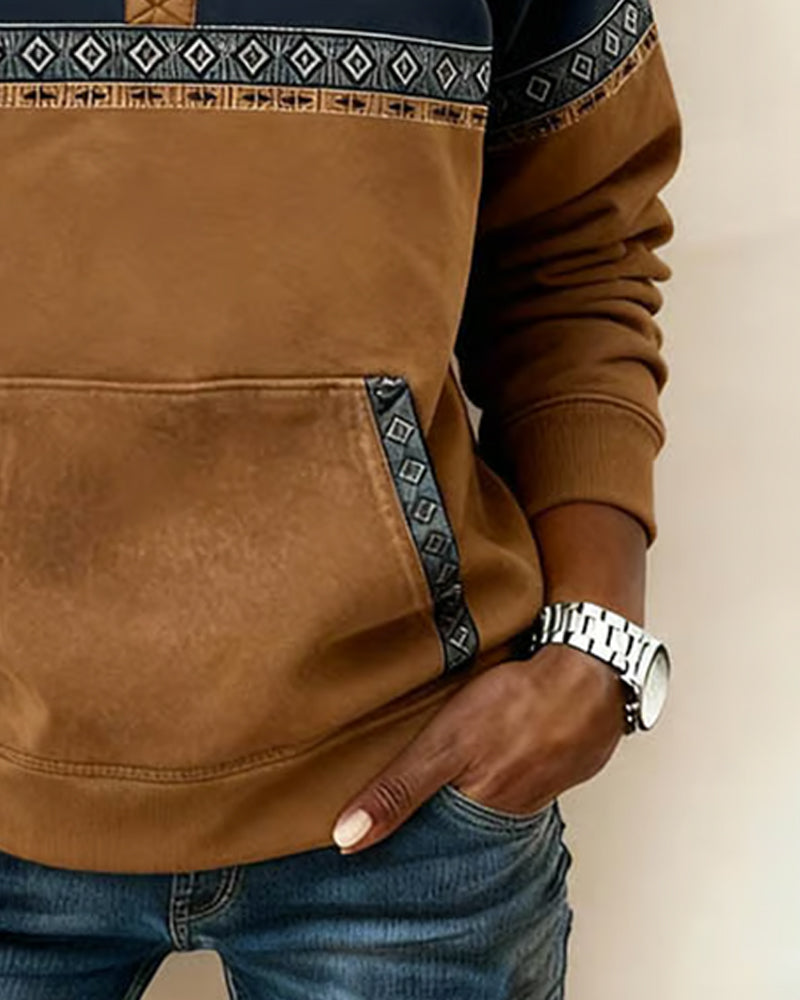 Retro Color-Blocked Fur Collar Sweatshirt