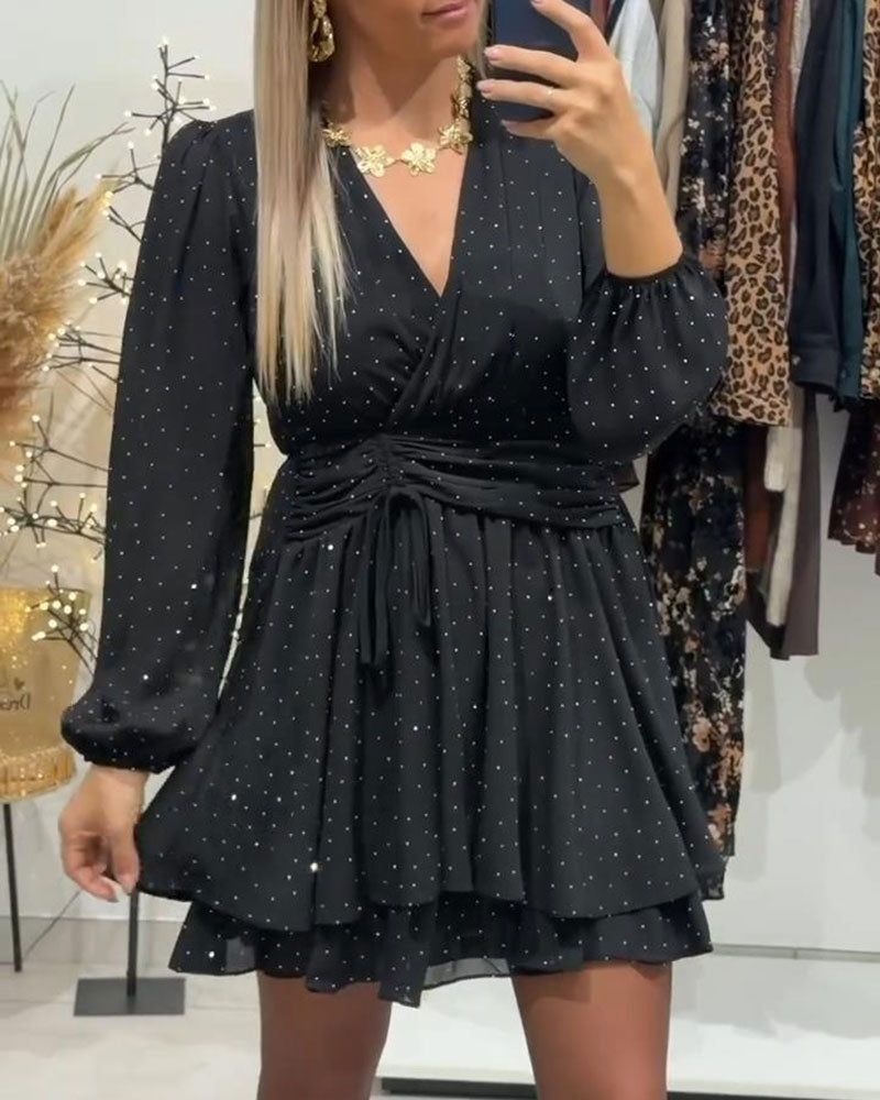 V-Neck Puff Sleeve Long-Sleeved Dress