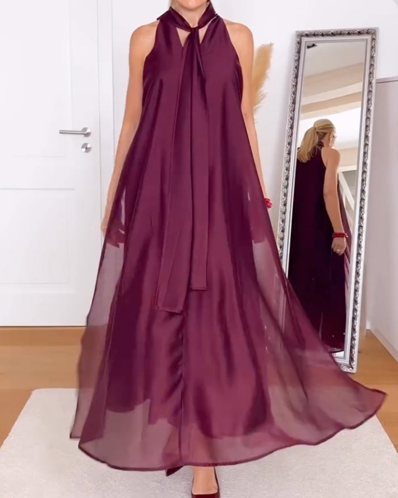 Halter-Neck Maxi Skirt Solid Light Chiffon Dress