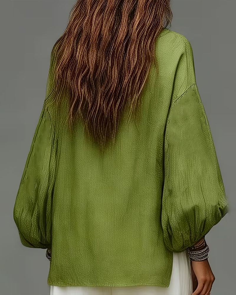 Casual Lantern Sleeve Solid Loose Fit Blouse