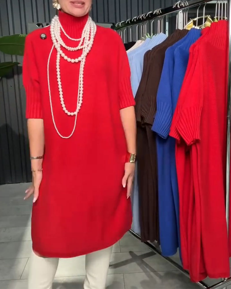High-Neck Mid-Sleeve Straight Knit Dress
