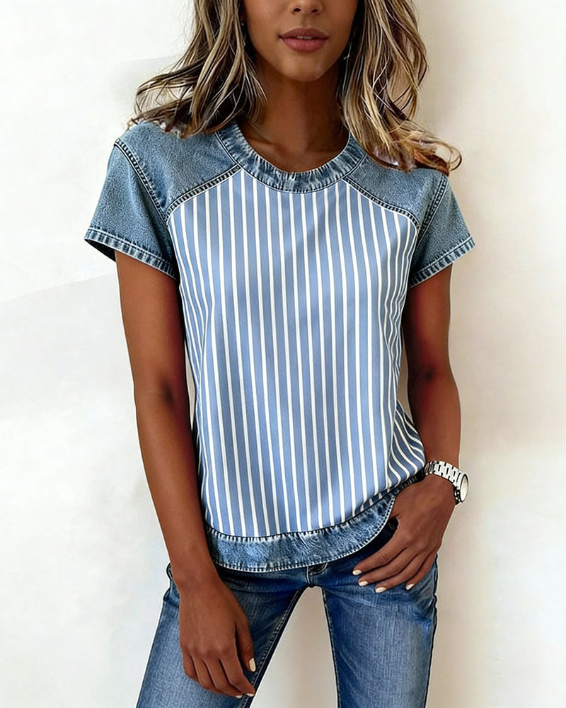 Denim Patchwork Striped Short Sleeve T-Shirt
