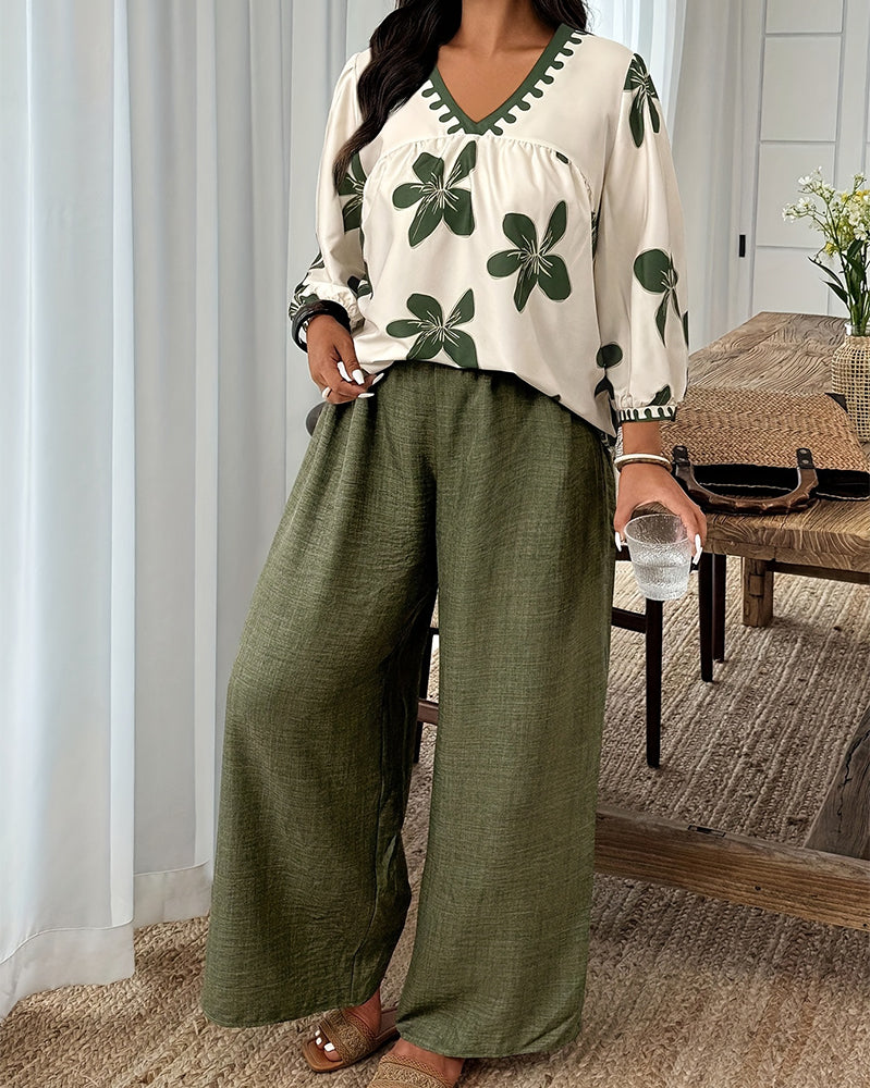 Floral Print V-Neck Top Wide-Leg Pants Set