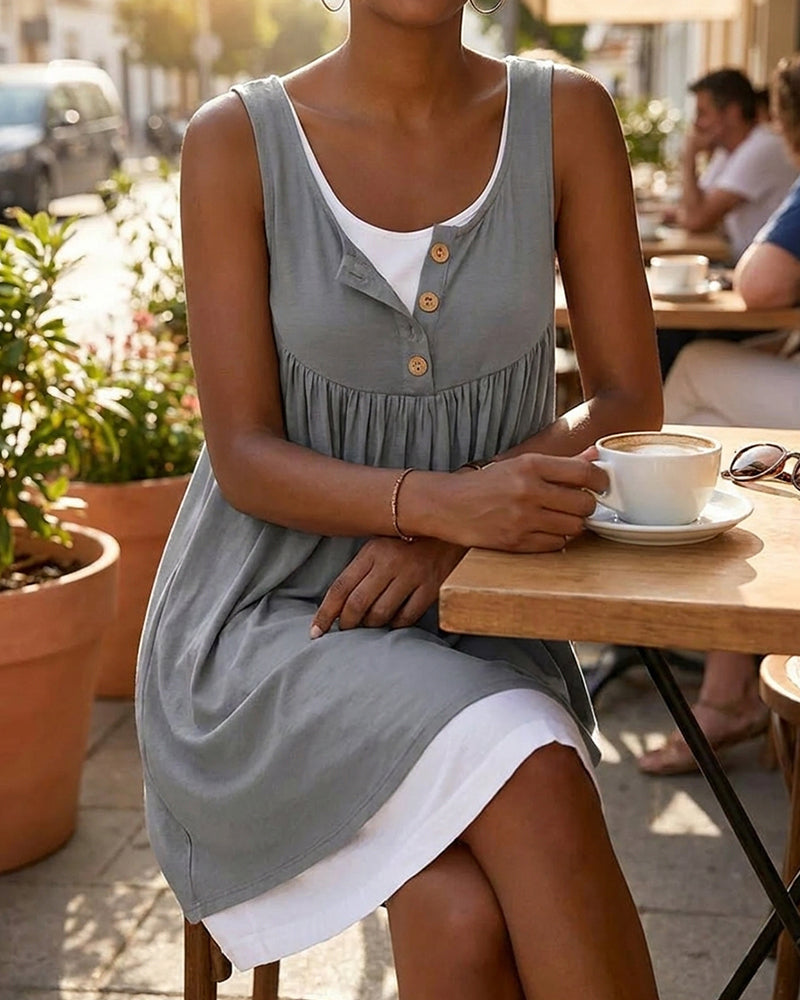 Sleeveless Color Block Mock Two-Piece A-Line Dress
