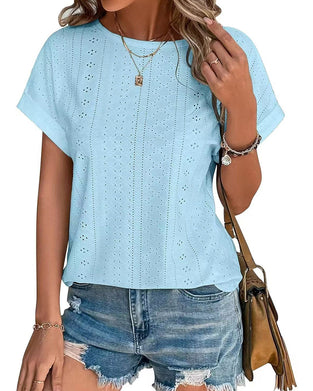Solid Color Crew Neck Loose Short-Sleeve Blouses
