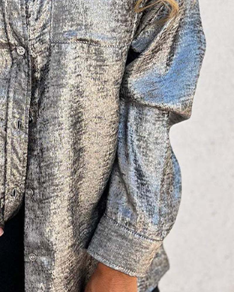 Long-Sleeve Fine Shimmer Pocket Button-Up Blouse