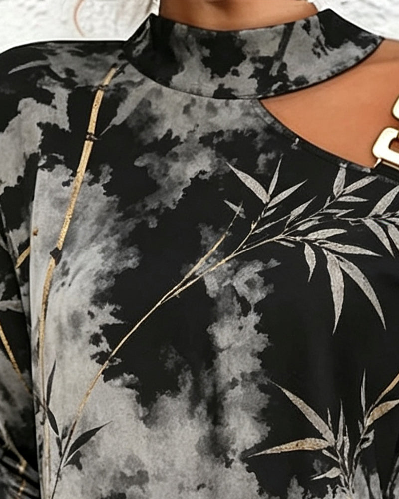 One-Shoulder Ink Bamboo Leaf Print Dress
