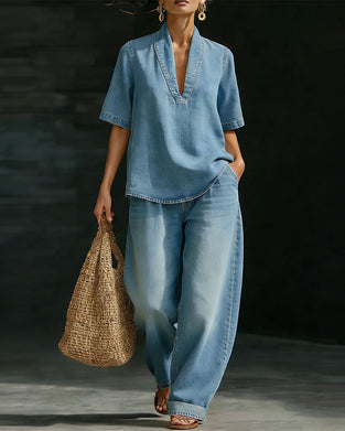Washed Denim V-Neck Set