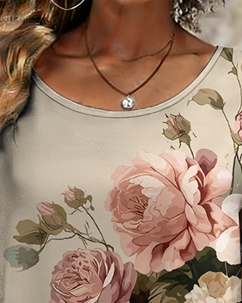 Vintage Large Floral Asymmetric Hem Short Sleeve T-Shirt