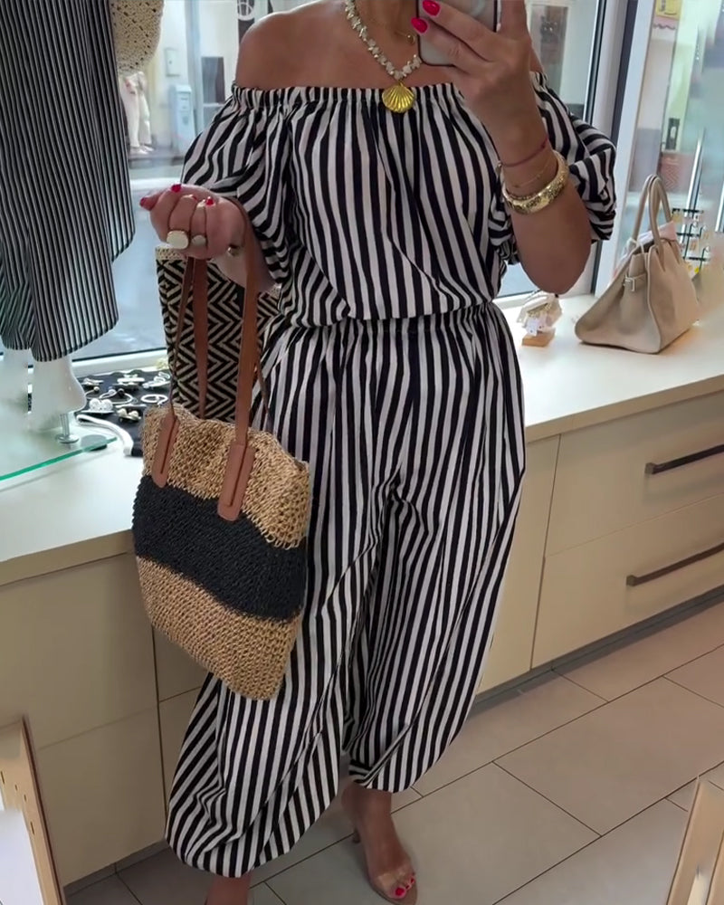 Casual Off Shoulder Striped Jumpsuits