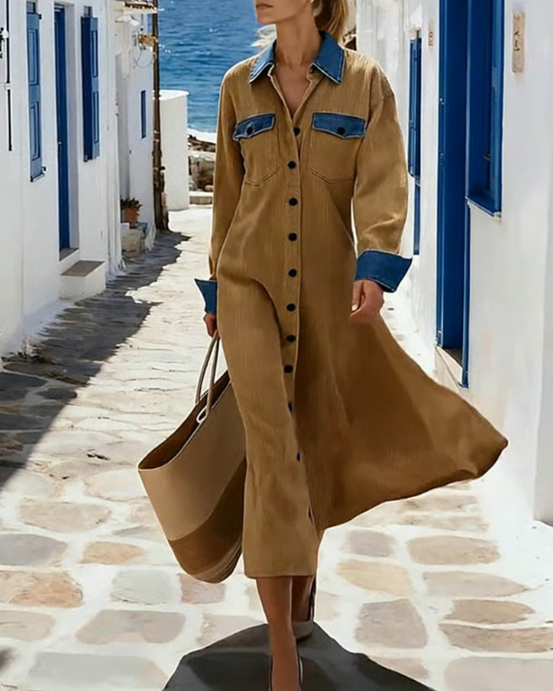 Color-Blocked Stylish Lapel Dress