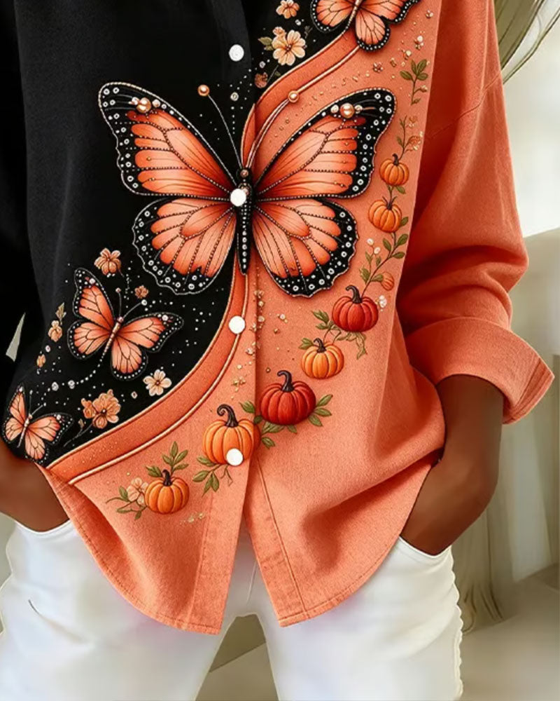 Color-Block Butterfly Print Lapel Shirt