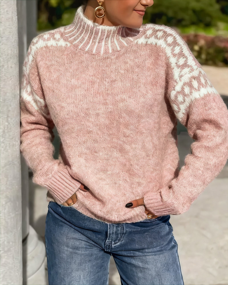 High Neck Patterned Contrast Sweater