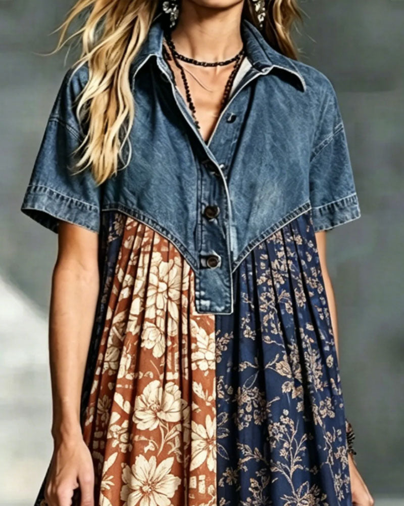 Shirt Collar Floral Contrast Denim Patchwork Dress