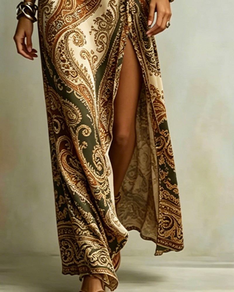 Paisley One-Shoulder Tie Slit Maxi Dress