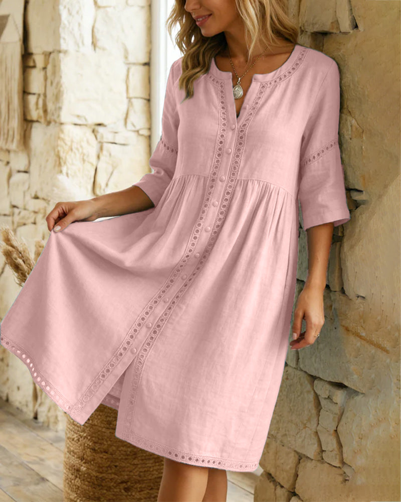 100% Cotton Hollow Out V-Neck Button-Front Dress