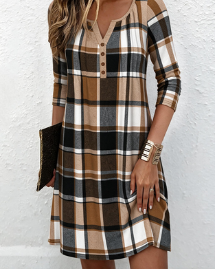 V-Neck Button Plaid Dress
