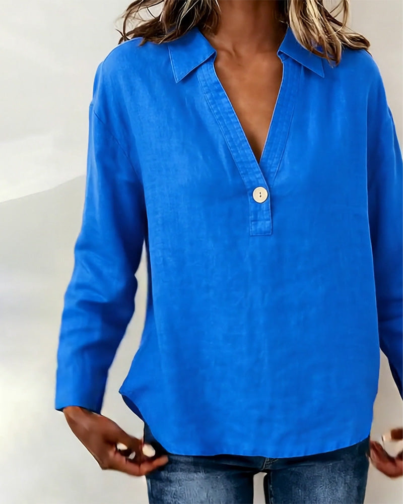 Long-Sleeved Solid-Color Button-Down Blouse