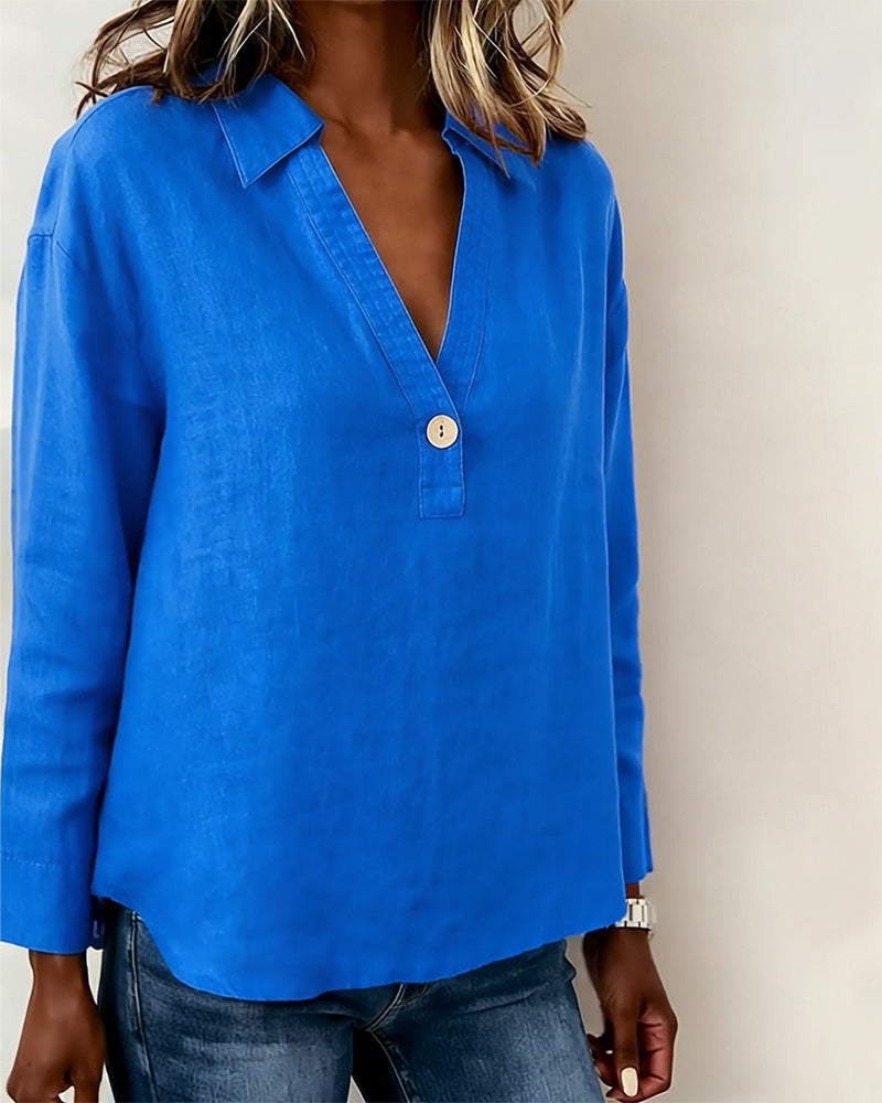 Long-Sleeved Solid-Color Button-Down Blouse