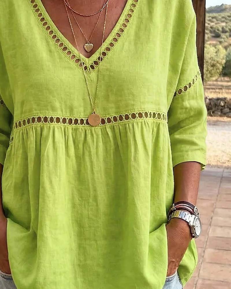 Hollow Out V-Neck Loose Fit Blouse