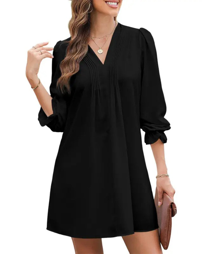 Pleated V-Neck Long Sleeve Dress
