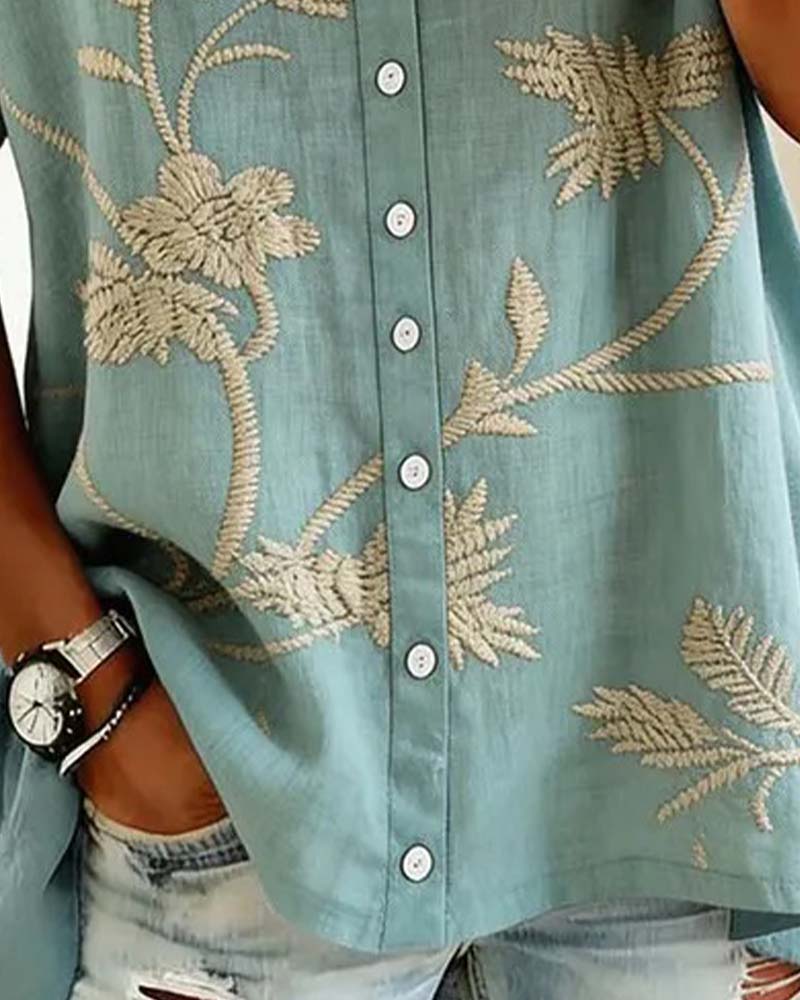 V-Neck Printed Short-Sleeved Blouse