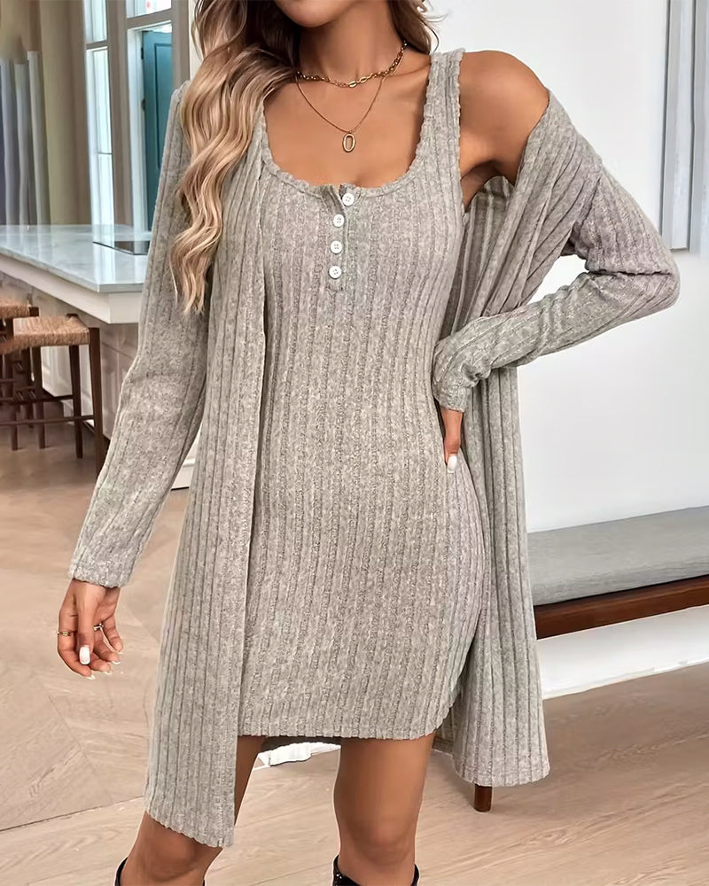 Ribbed Cardigan Vest Dress Set