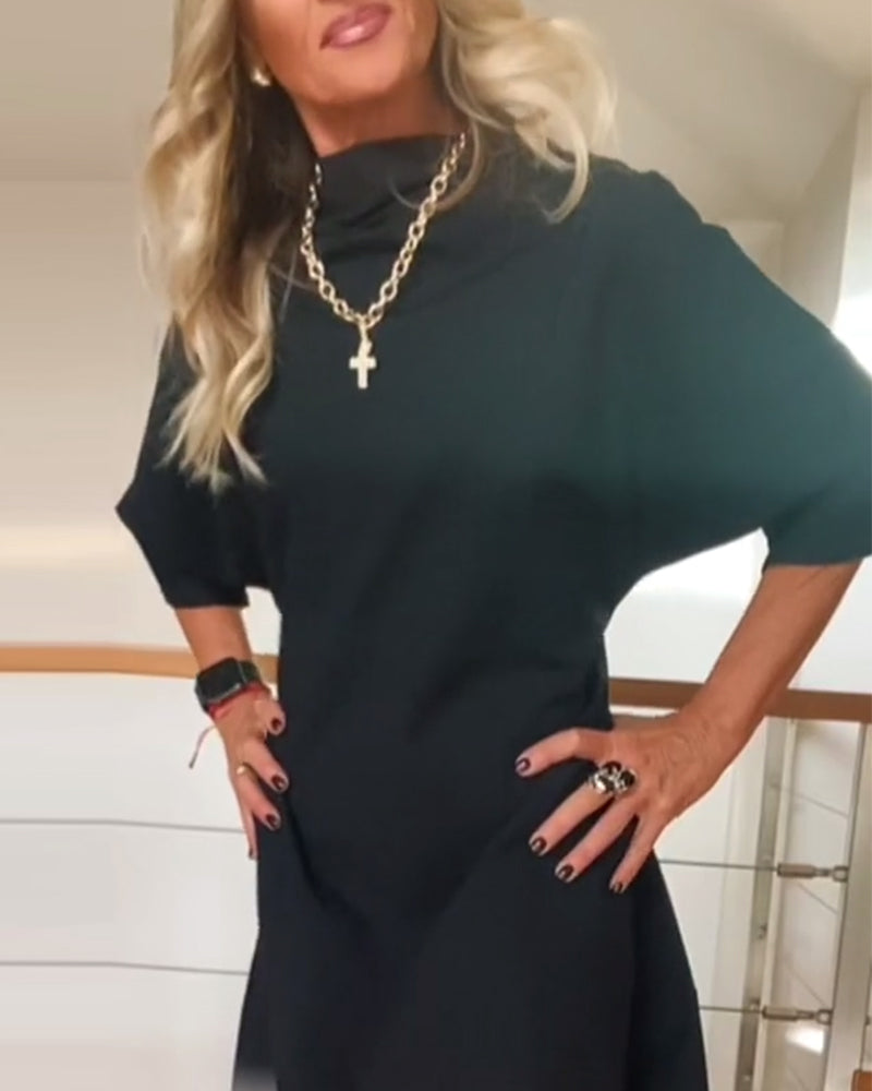 Solid color loose high collar casual dress