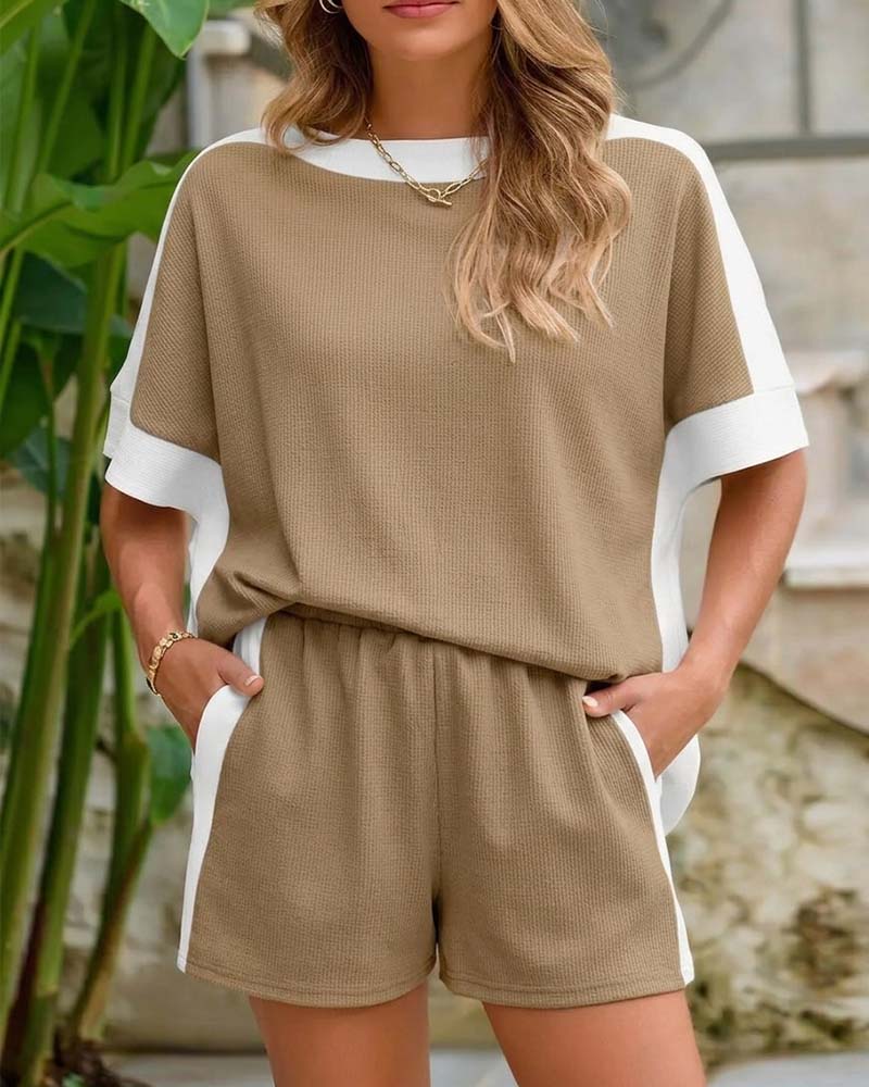 Color Block Short Sleeve Shorts Casual Set
