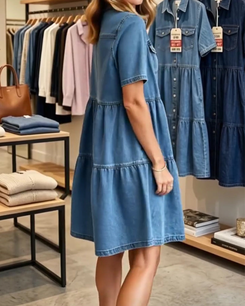 Denim Ruffle Tier Short Sleeve Dress