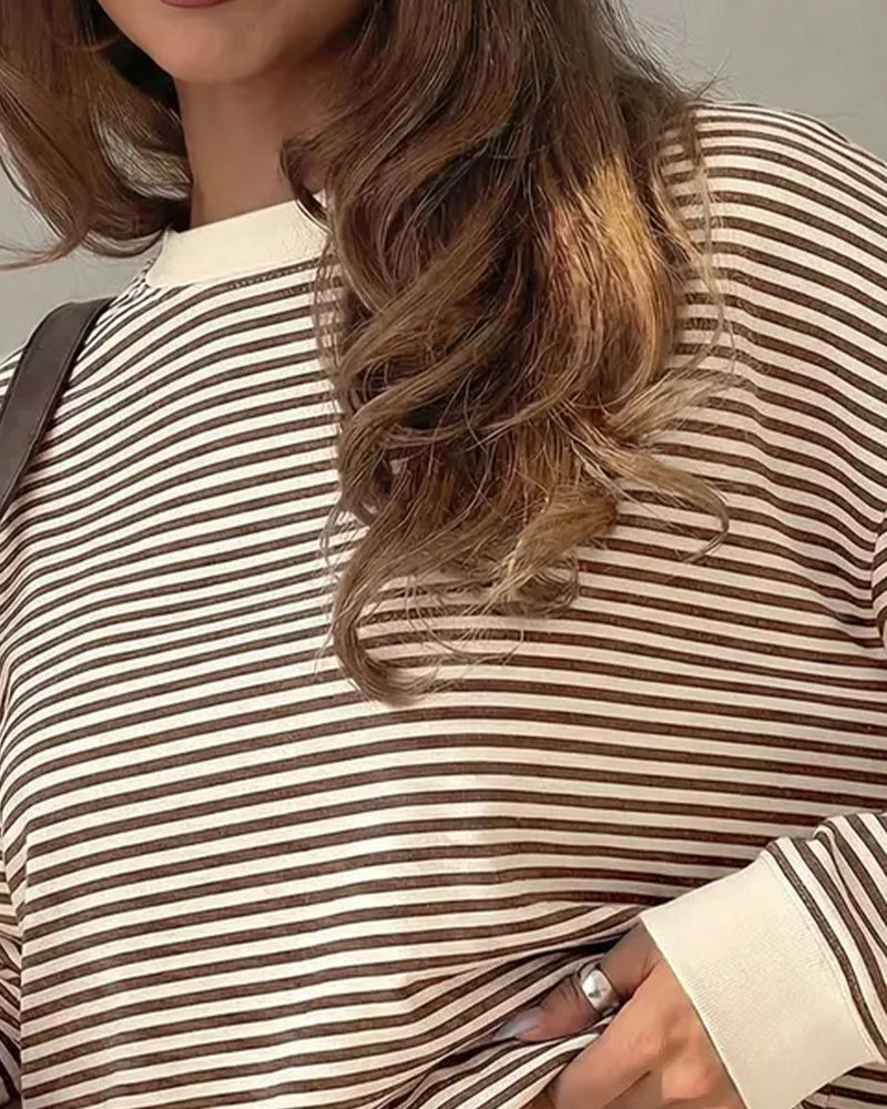 Crew Neck Striped Loose Long Sleeve Top