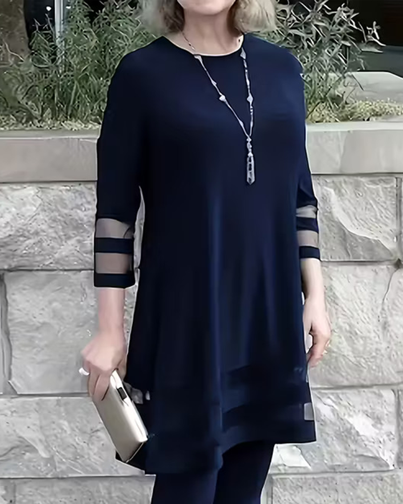 Solid Color Patchwork Round Neck Top