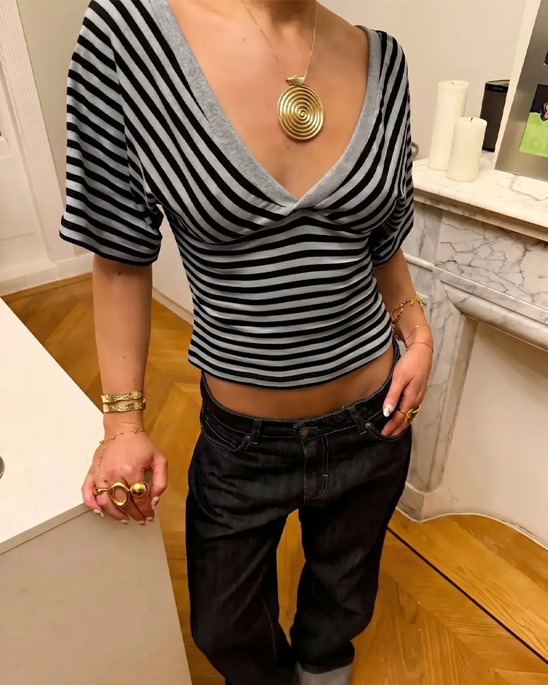 Deep V Striped Short-Sleeved T-Shirt