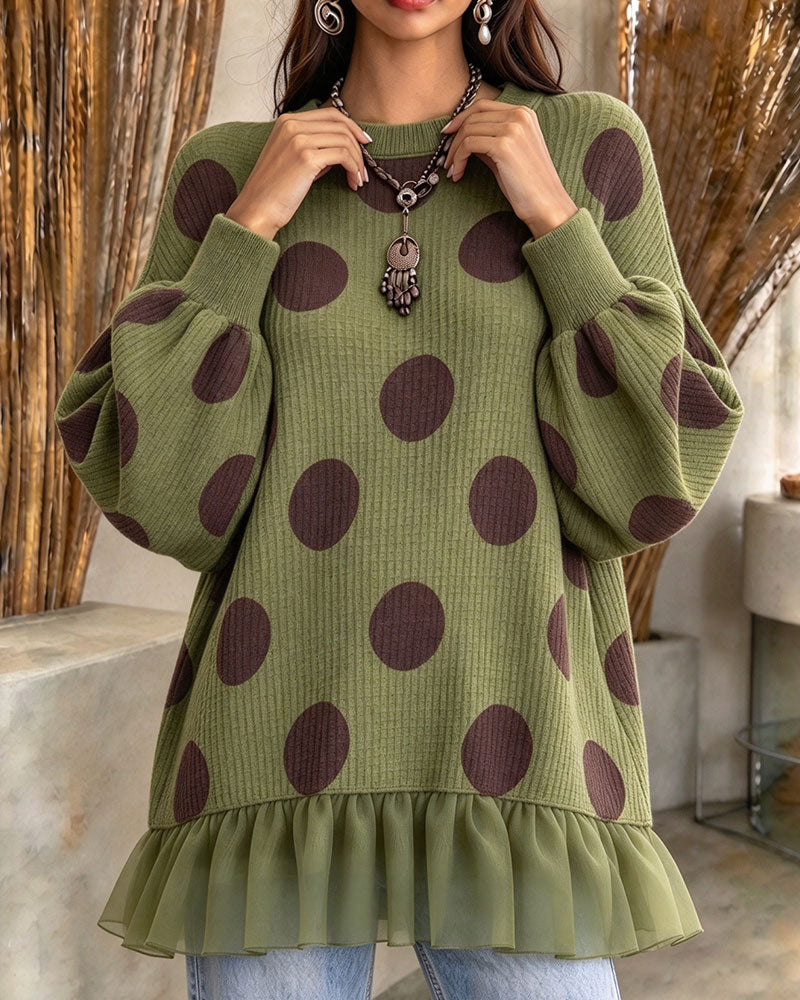 Round Neck Polka Dot Ruffle Sweatshirt