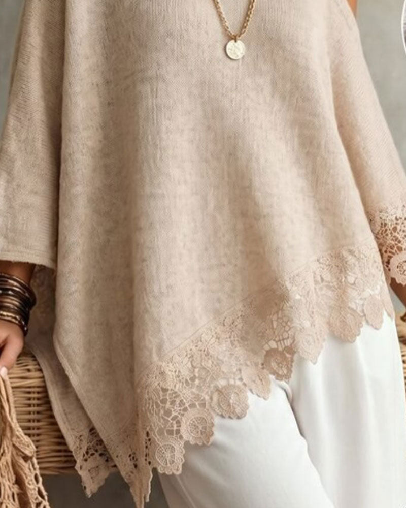 One-Shoulder Lace Hem Patchwork Pullover