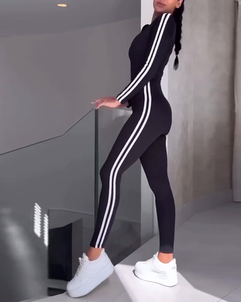 Casual sports striped tights and slimming jumpsuit