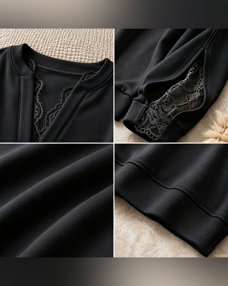 V-Neck Slit Lace Patchwork Sweatshirt