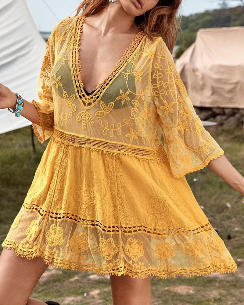 V-Neck Lace Embroidered Smock