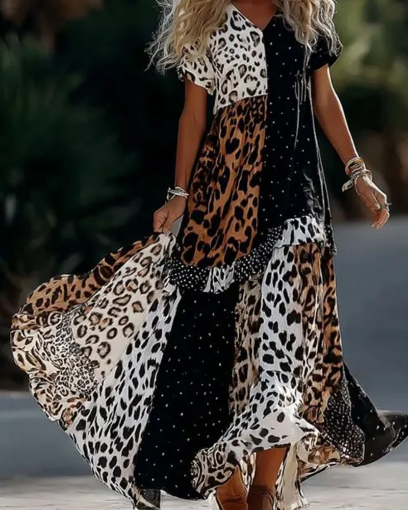 V-Neck Leopard Polka Dot Ruffle Dress