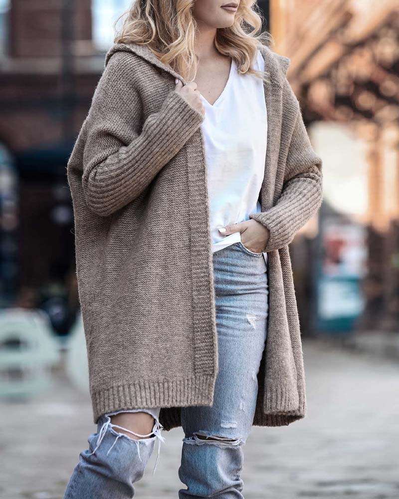 Simple solid color bat hooded cardigan