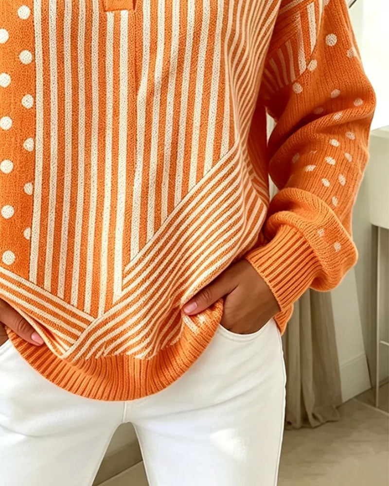 Button Front Stripe Polka Dot Drop Shoulder Knit Pullover