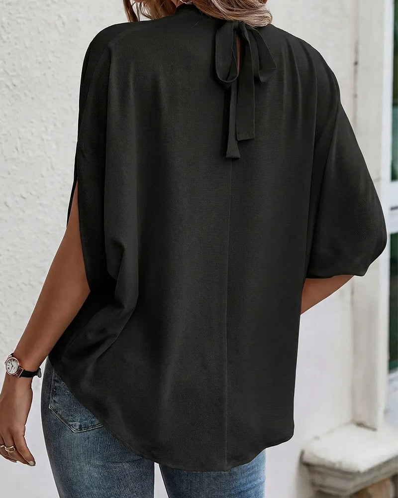 Mock Neck Pleated Three-Quarter Sleeve Solid Blouse