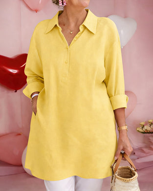 Solid-Color Mid-Length Cotton-Linen Shirt