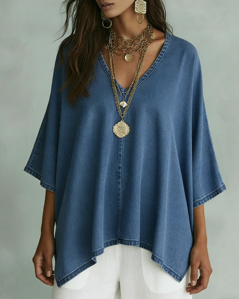 Irregular V-Neck Loose Denim Blouse