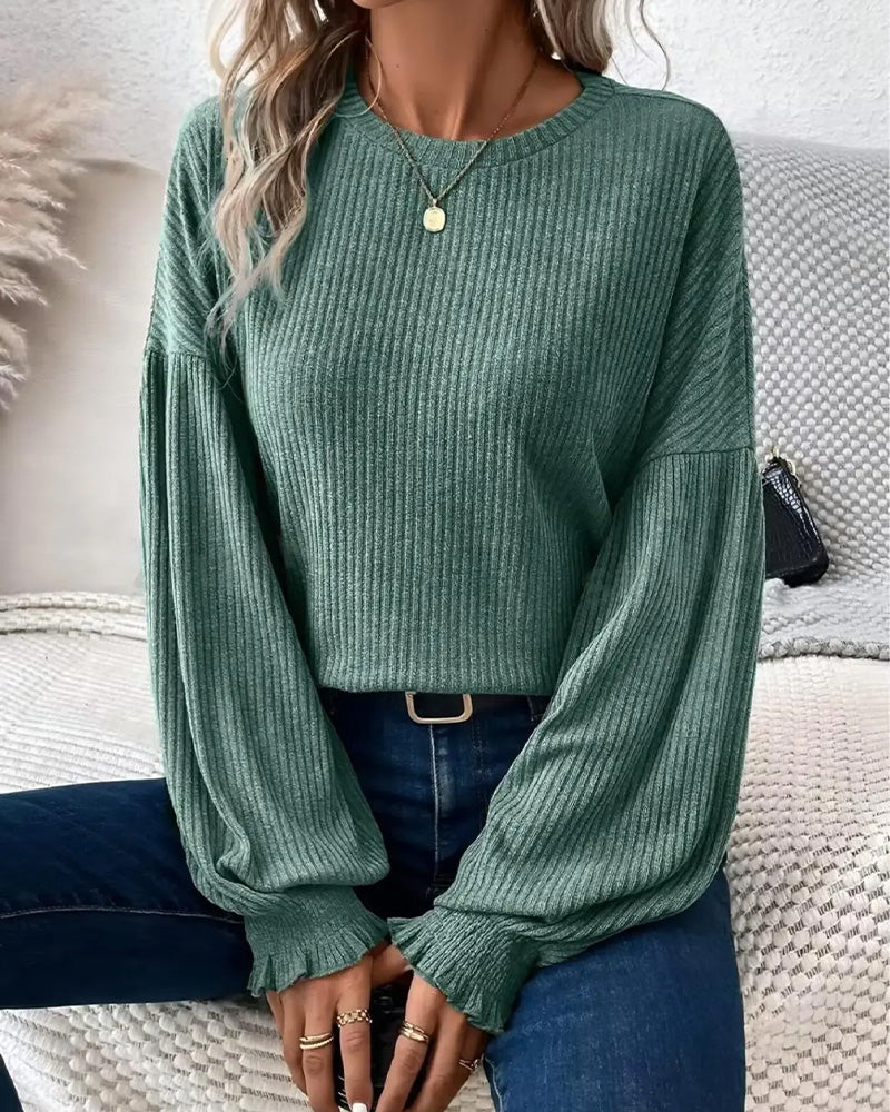 Crew Neck Drop Shoulder Lantern Sleeve Top