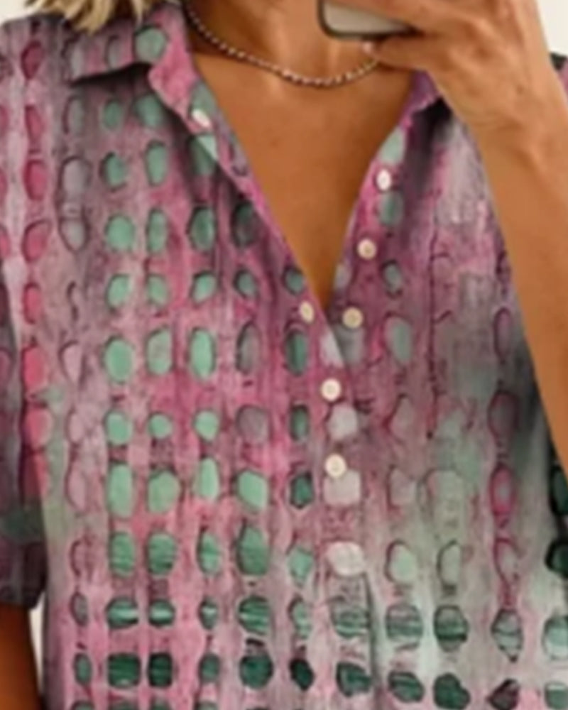 Polka Dot Print Button Half-Placket Blouse