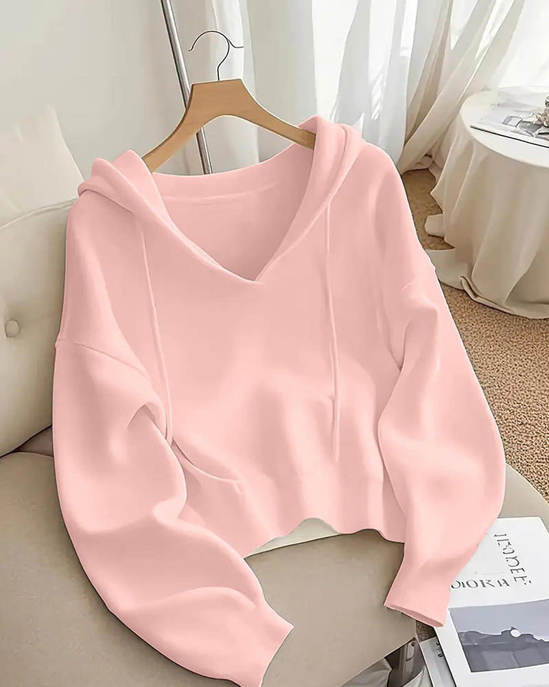 Cropped V-Neck Hooded Pullover
