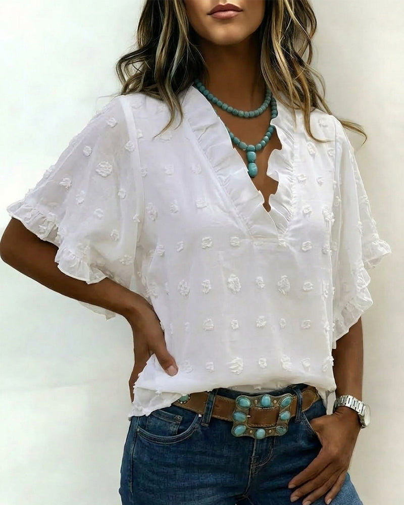 Jacquard V-Neck Ruffle Blouse