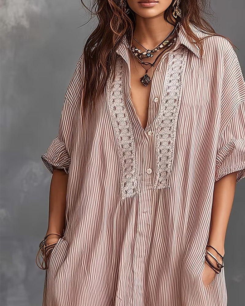 Lapel Stripe Patchwork Loose Dresses